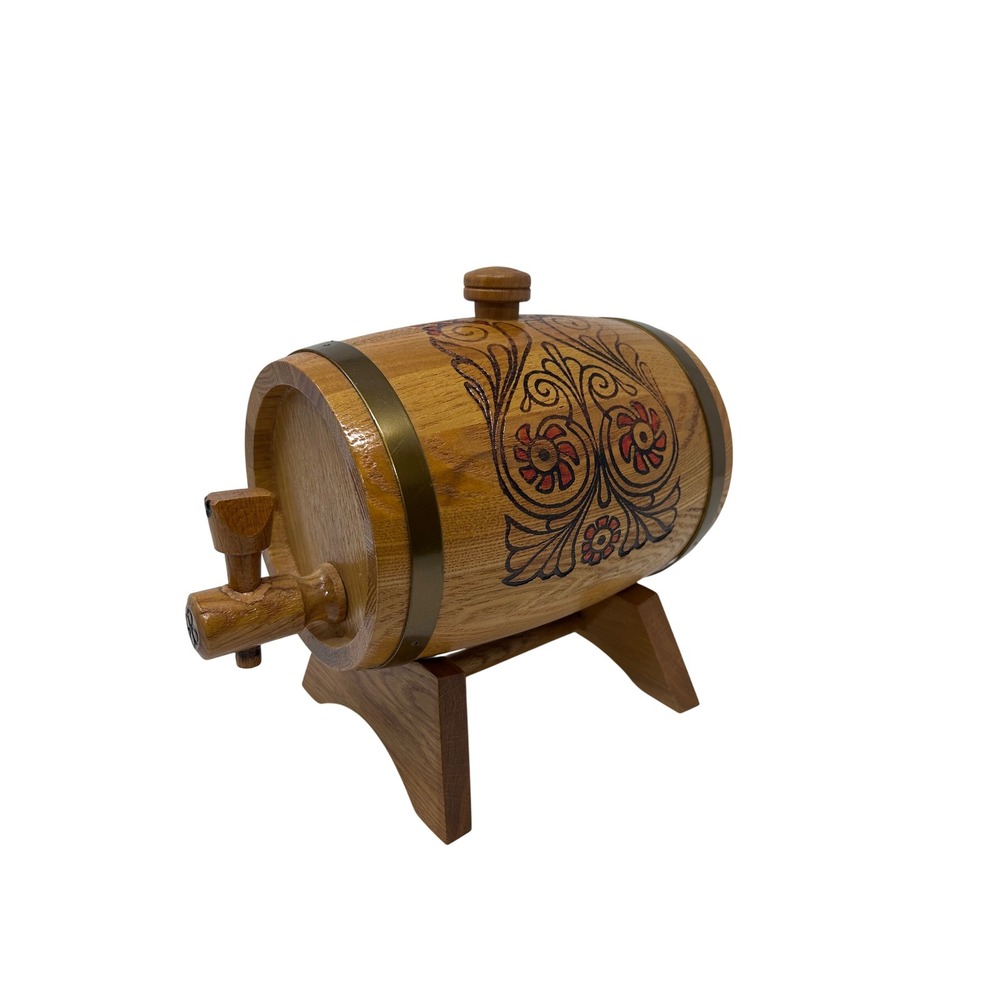 Vintage USSR Wooden Mini Barrel Dispenser Hand Painted Folk Art Floral w Stand